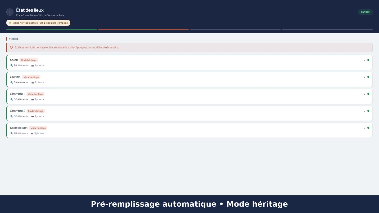 Écran du mode héritage de l'application EDL N°1 — pièces pré-remplies automatiquement